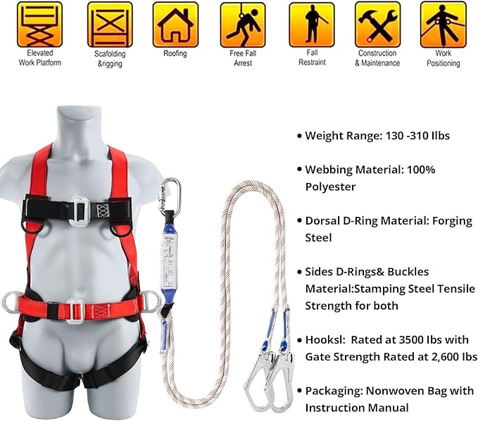 TT TRSMIMA Safety Harness Fall Protection Kit - Full Body Roofing harnesses with Shock Absorbing Lanyard Upgrade Paded