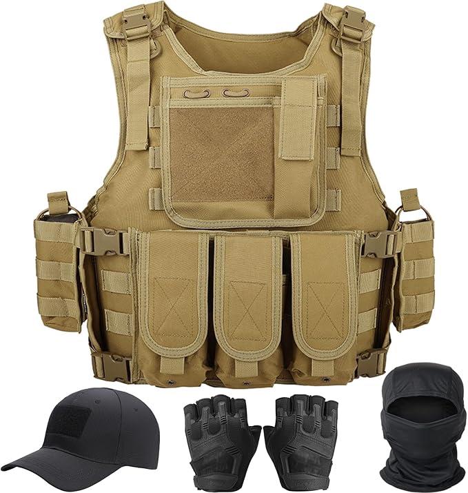 VPZenar Tactical Vest for Men, Airsoft Vest, Black Molle Vest and Cap Protective Equipment, Tactical Airsoft Gear