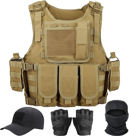 VPZenar Tactical Vest for Men, Airsoft Vest, Black Molle Vest and Cap Protective Equipment, Tactical Airsoft Gear