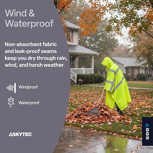 GGS Rain Poncho - High Visibility, Reflective, Wind and Waterproof with Drawstring Hood, Rain Gear for Construction, Camping, Fishing, Hiking, One Size