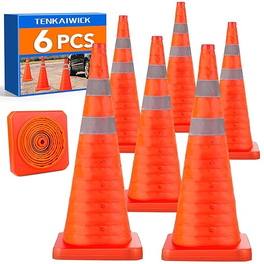 TENKAIWICK 28 Inch 6 Pack Traffic Cones, Collapsible Safety Cones, Multi Purpose Pop-up Cones with Reflective Collar, Orange Cones for Parking lot, Driveway, Driving Training etc