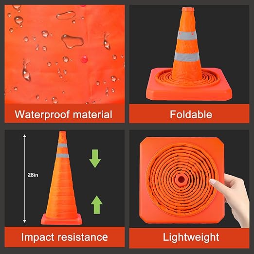 TENKAIWICK 28 Inch 4 Pack Traffic Cones with Storage Bag, Collapsible Safety Cones, Multi Purpose Pop-up Cones with Reflective Collar, Orange Cones for Parking lot, Driveway, Driving Training etc