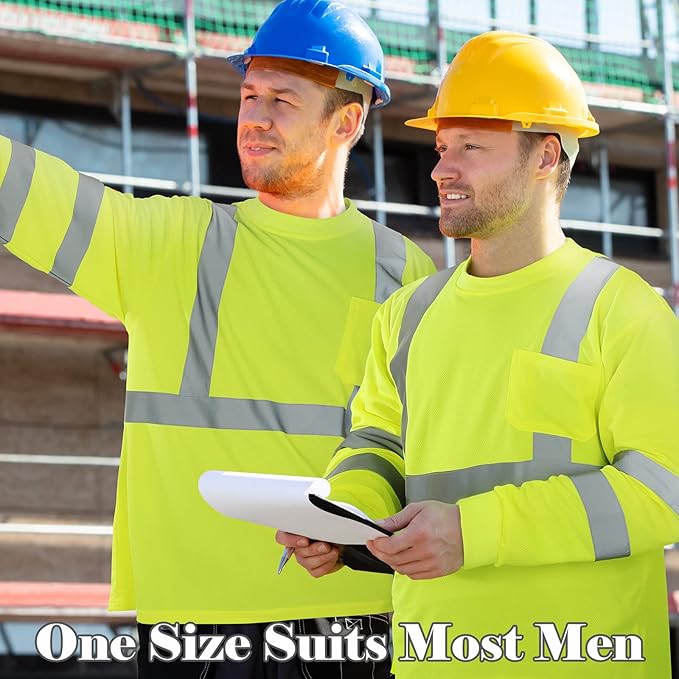 Amylove 4 Pcs Long Sleeve Safety Shirt High Visibility Reflective Construction Work Shirts for Men Women (L,Yellow)