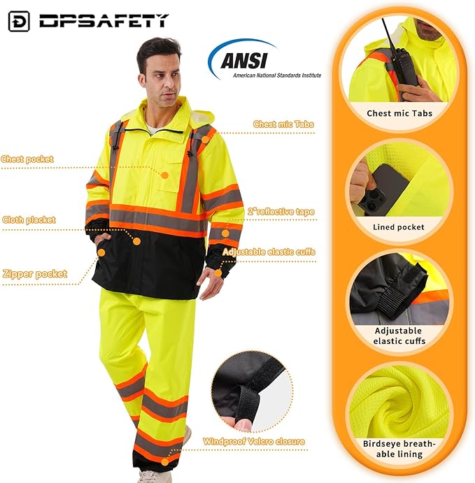 Hi Vis Safety rain Jacket，Reflective Class 3 Rain coat with Inner Mesh Lining and Pockets High Visibility Waterproof work Rain Suits for men&women（Yellow,SM/MD）