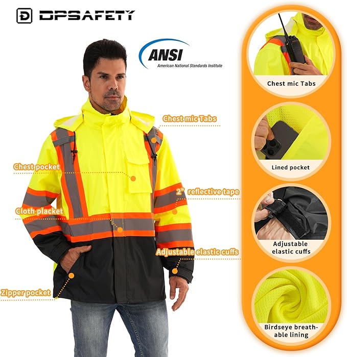 Reflective Rain jackets for men waterproof,Hi Vis Safety Coat With Reflective Strips，High Visibility Class 3 Rain jackets With 2 large pockets,Zipper,Lime,2XL/3XL