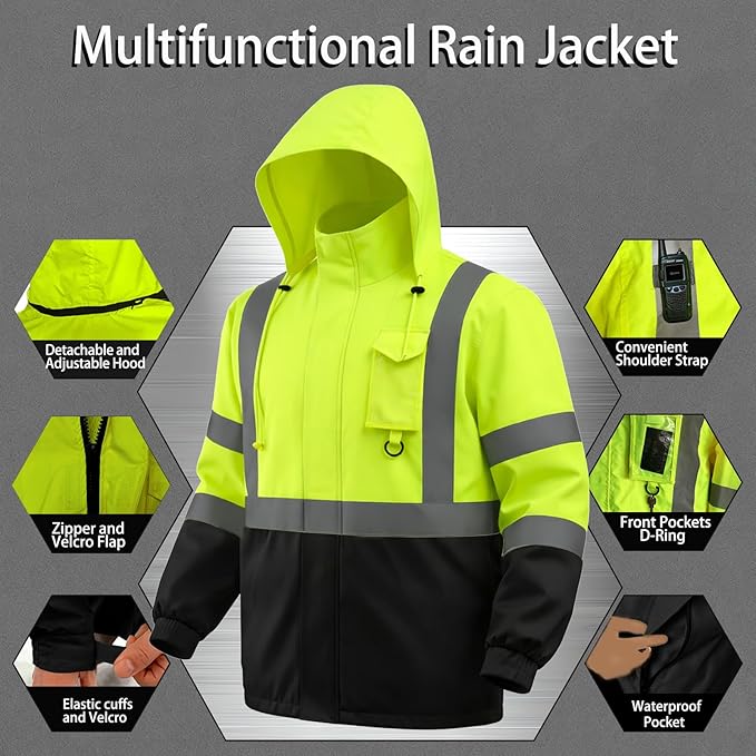 Hi Vis Class 3 Safety Rain Jacket for Men Waterproof, Reflective High Visibility Rain Gear Construction Rain Suit (Yellow-Black 4XL/5XL)