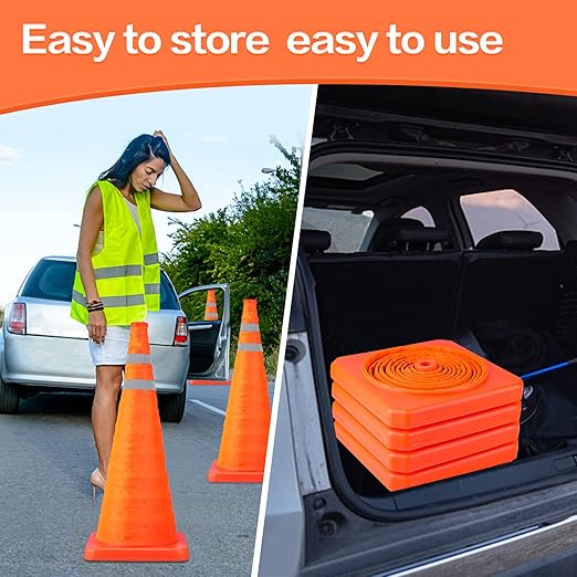 TENKAIWICK 28 Inch 8 Pack Traffic Cones, Collapsible Safety Cones, Multi Purpose Pop-up Cones with Reflective Collar, Orange Cones for Parking lot, Driveway, Driving Training etc