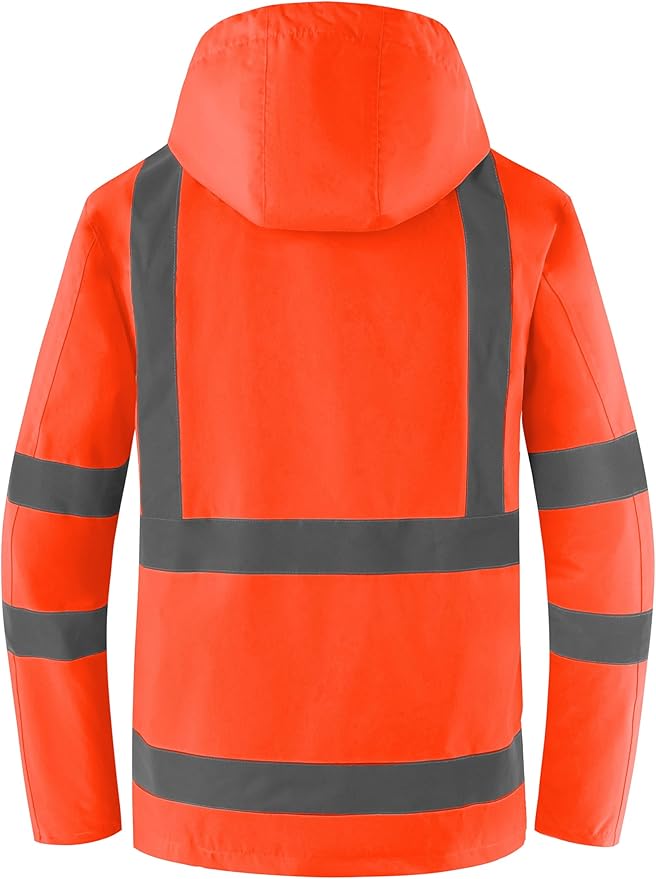 Ubon Men's Reflective Rain Jacket, Waterproof Hi Vis Rain Coat Safety High Visibility Raincoat with Detachable Hood