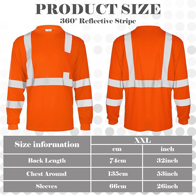 Amylove 4 Pcs Long Sleeve Safety Shirt High Visibility Reflective Construction Work Shirts for Men Women(XXL,Orange)