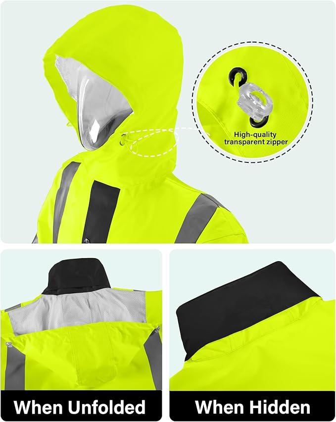 iCreek Reflective High Visibility Safety Jacket,Safety Rain Jacket with Hood,Lightweight Workwear for Outdoor Construction