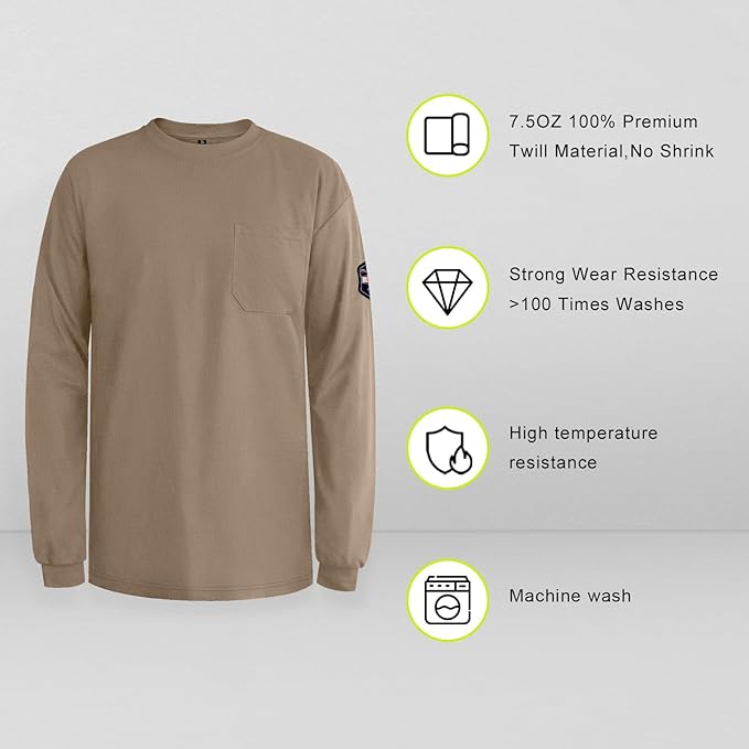 Welding Jacket 7.5oz FR Shirts for Men, Flame Resistant Shirts with Long Sleeves, Lightweight Men's Fire Retardant Welding Shirts for Men, Khaki-YL S