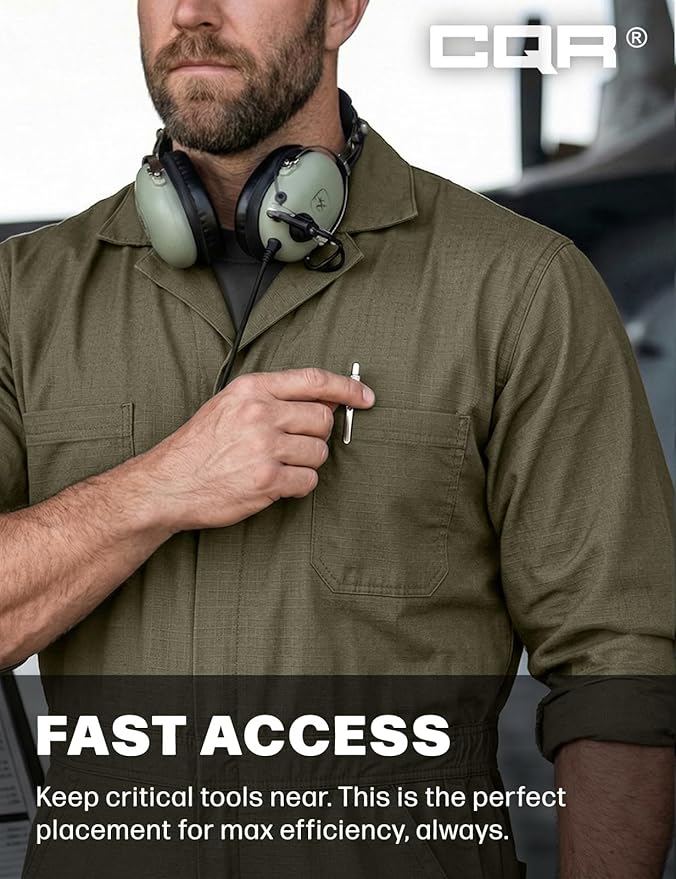 CQR Men's Tactical Ripstop Zip-Front Coverall, Lightweight Durable Utility Work Jumpsuit for Mechanics and Technicians