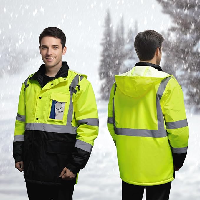 TCCFCCT Safety Jackets for Men Warm Hi Vis Jacket with Pockets, Reflective Construction Jacket for Cold Winter, High Vis Rain Gear, Waterproof, Long J-Yellow, 2XL