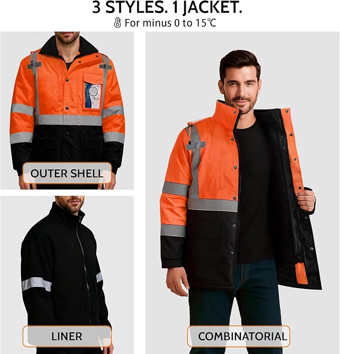 TCCFCCT 3-in-1 Hi Vis Winter Bomber Jackets for Men with Zippered Detachable Fleece Liner, Waterproof Reflective Safety Construction Coats for Cold Weather, High Vis Rain Gear, 3-in-1-Orange 3XL