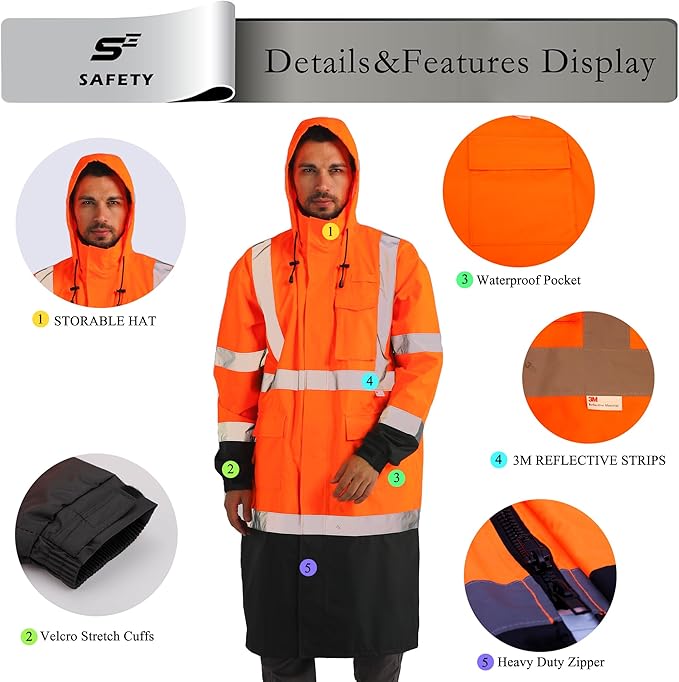 sesafety Safety Rain Coats for Men Work, Class 3 HighVisibility Rain Gear Construction, Reflective Hi Vis RainJacket Lightweight Waterproof