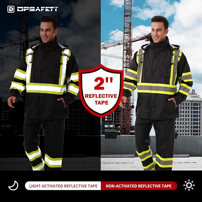 Hi Vis Safety rain Jacket，Reflective Class 3 Rain coat with Inner Mesh Lining and Pockets High Visibility Waterproof work Rain Suits for men&women（Black,2XL/3XL）