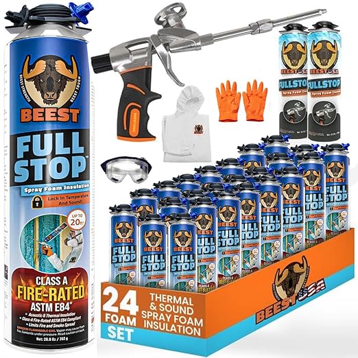 BEEST FullStop Spray Foam Insulation Kit - 480 Board ft/sq.ft. Fire Rated Spray Insulation Foam for Walls & Attics with Thermal & Soundproofing - Includes 24x Cans, 2 Cleaner, Pro X Gun, Safety Gear