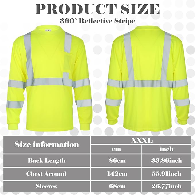 Amylove 4 Pcs Long Sleeve Safety Shirt High Visibility Reflective Construction Work Shirts for Men Women(XXXL,Yellow)