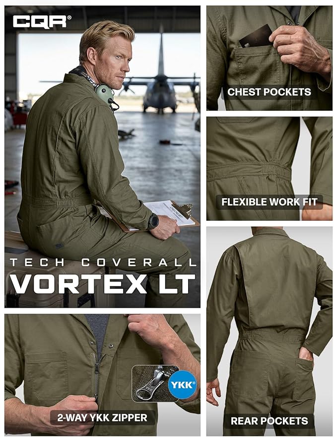 CQR Men's Tactical Ripstop Zip-Front Coverall, Lightweight Durable Utility Work Jumpsuit for Mechanics and Technicians