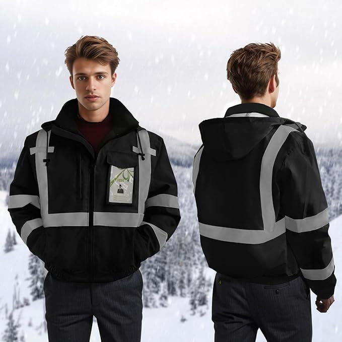 High Vis Safety Jackets, Reflective Work Jacket with Pockets for Men& Women, Construction Coats for Cold Weather, Waterproof Rain Jacket, Class 3, Black Standard, XXL