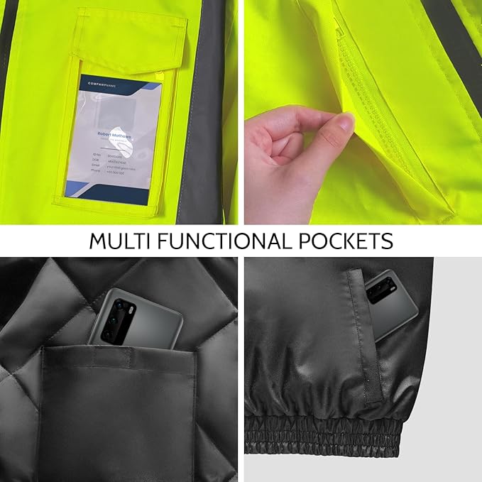 Reflective Jackets, Safety Jacket with Pockets for Men& Women, Construction Coats for Cold Weather, Waterproof High Vis Rain Gear, Class 3, Yellow-Black, S