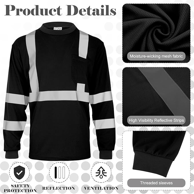 Amylove 4 Pcs Long Sleeve Safety Shirt High Visibility Reflective Construction Work Shirts for Men Women(XXL,Black)