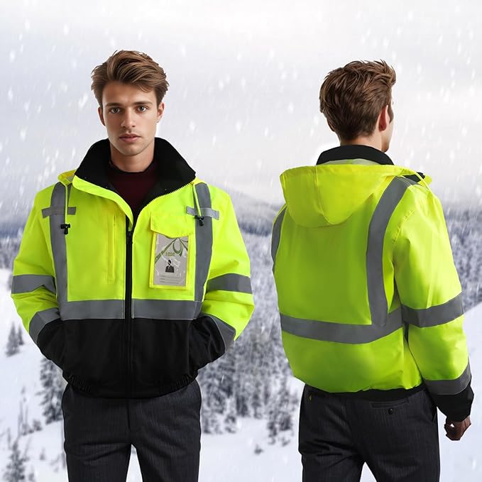 High Visibility Work Jackets, Safety Jacket with Pockets for Men& Women, Construction Coats for Cold Weather, Waterproof High Vis Rain Gear, Class 3, Yellow-Black, 5XL