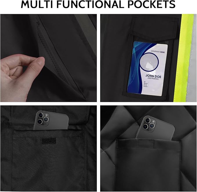 TCCFCCT Safety Jacket for Men & Women, Hi Vis Reflective Jackets with Pockets, Construction Coats for Cold Weather, High Vis Rain Gear, Waterproof, Long J-Black with Green, 5XL