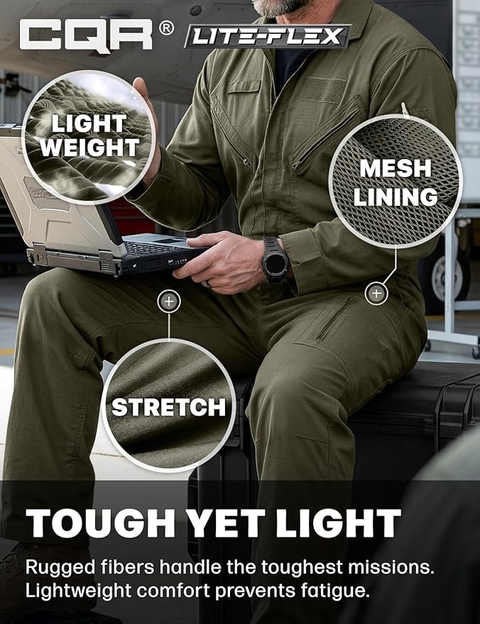 CQR Men's Tactical Ripstop Zip-Front Coverall, Lightweight Durable Utility Work Jumpsuit for Mechanics and Technicians