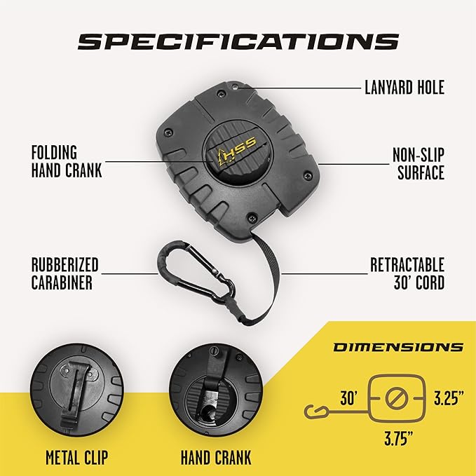 Hunter Safety System Bow & Gear Hoist: 30' Automatic Unwinding Pull Line with Coated Carabiner, Lightweight Rewind System for Lifting Bows, Packs & Treestand Gear with Tangle-Free, Quiet Operation