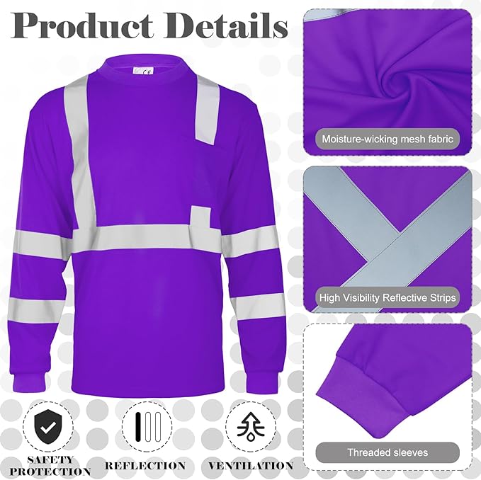 Amylove 4 Pcs Women Long Sleeve Safety Shirt High Visibility Shirts Reflective Construction Work Shirts for Women(L,Purple)