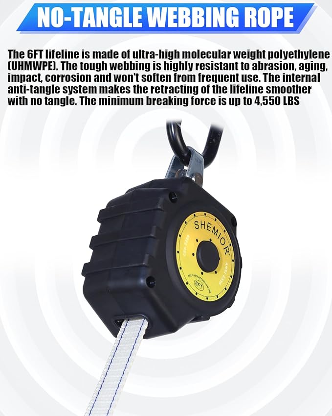 6FT Self Retracting Lifeline, Swivel Top Lightweight Housing Shemior Web SRL ANSI Self Retractable Safety Lanyard, Fall Arrest Protection Gear for Roofing Construction,Snap Hook