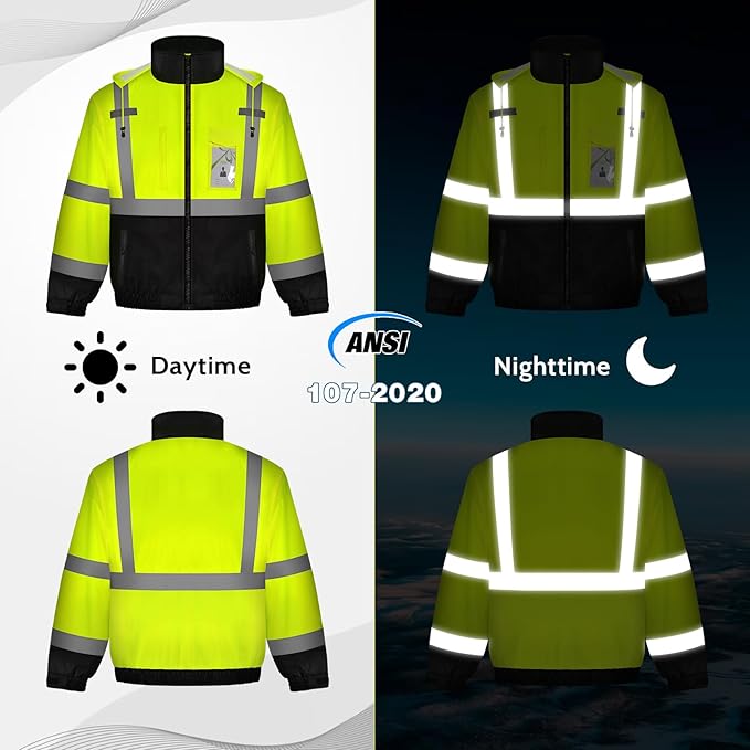 High Visibility Safety Jackets, Construction Coats with Pockets for Men& Women, Rain Jacket for Winter Cold Weather, Waterproof High Vis Rain Coat, Class 3, Yellow-Black, 3XL