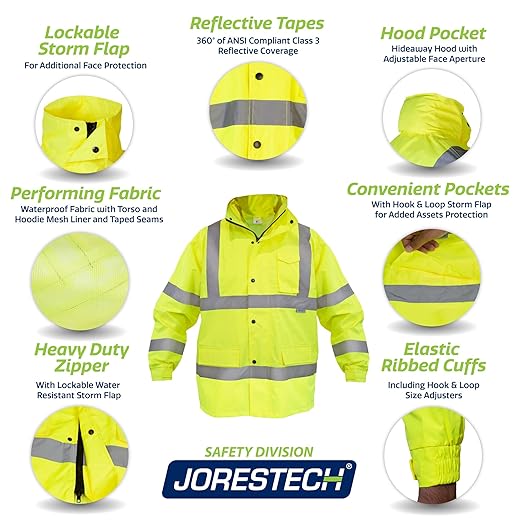 JORESTECH Hi-Visibility Waterproof Rain Jacket with Mesh Lining, ANSI/ISEA 107-2015 Class 3 Type R, Lightweight Wind-Resistant Safety Jacket