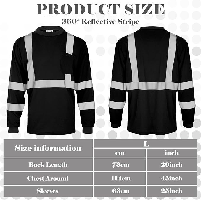 Amylove 4 Pcs Long Sleeve Safety Shirt High Visibility Reflective Construction Work Shirts for Men Women(L,Black)