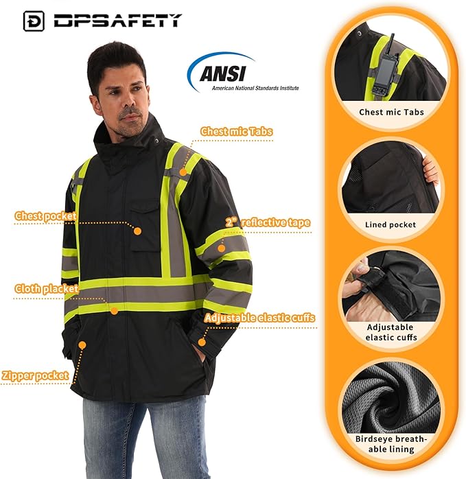Reflective Rain jackets for men waterproof,Hi Vis Safety Coat With Reflective Strips，High Visibility Class 3 Rain jackets With 2 large pockets，Zipper,Black ，LG/XL