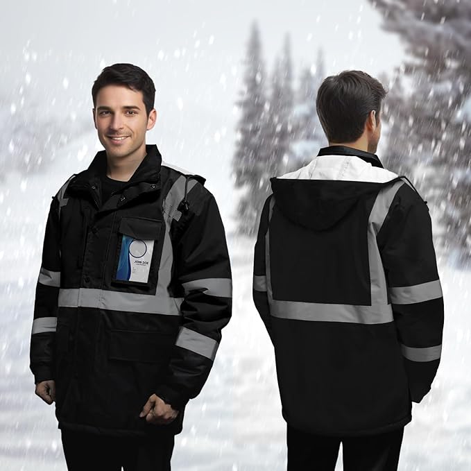 TCCFCCT Safety Jacket for Men & Women, Hi Vis Reflective Jackets with Pockets, Construction Coats for Cold Weather, High Vis Rain Gear, Waterproof, Long J-Black, 4XL