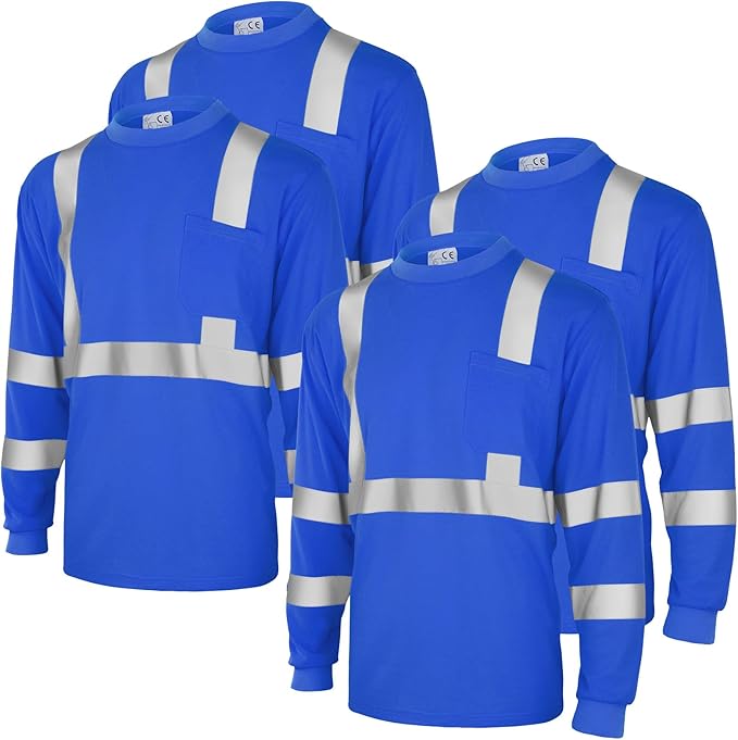 Amylove 4 Pcs Long Sleeve Safety Shirt High Visibility Reflective Construction Work Shirts for Men Women(L,Blue)