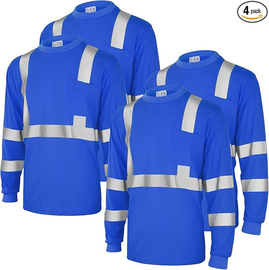 Amylove 4 Pcs Long Sleeve Safety Shirt High Visibility Reflective Construction Work Shirts for Men Women(XXL,Blue)