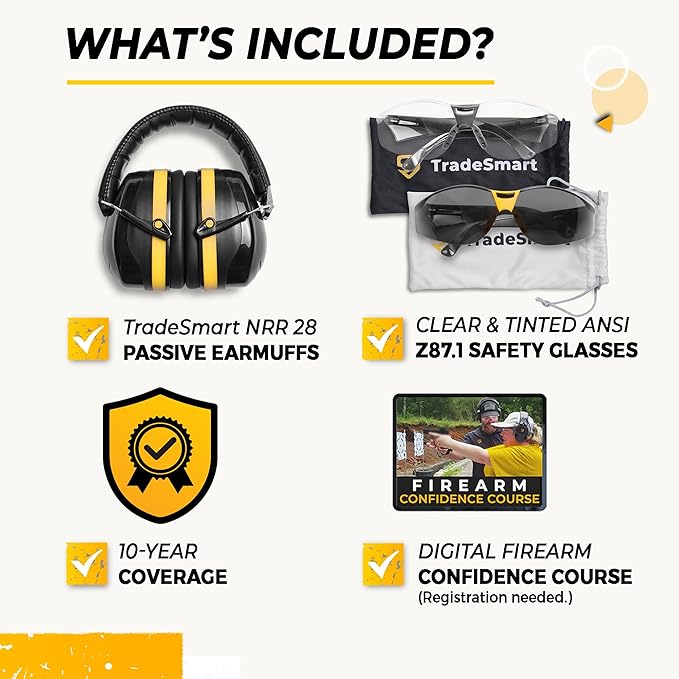 TradeSmart High-Performance Earmuffs for Shooting Range & Shooting Eye Protection Glasses + Firearm Confidence Course