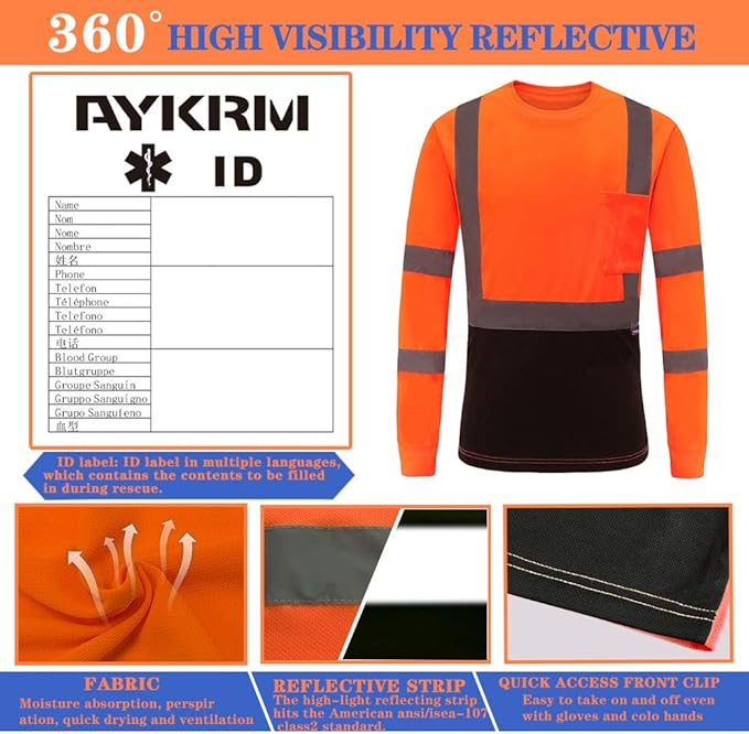 AYKRM Safety T Shirt Reflective High Visibility hi vis Long Sleeve T Shirt (XS-6XL)