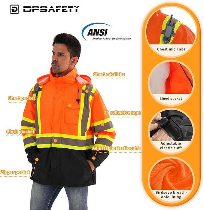 Reflective Rain jackets for men waterproof,Hi Vis Safety Coat With Reflective Strips，High Visibility Class 3 Rain jackets With 2 large pockets，Zipper,Orange,2XL/3XL