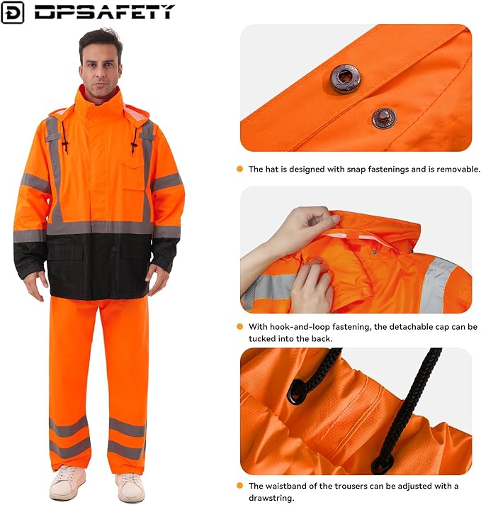 Hi Vis Safety rain Jacket，Reflective Class 3 Rain coat with Inner Mesh Lining and Pockets High Visibility Waterproof work Rain Suits for men&women（Tangerine,LG/XL）