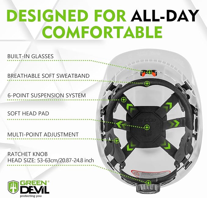 GREEN DEVIL Chainsaw Safety Protective Helmet Forestry Helmet with Build-in Visor Mesh Face Shield Ear Muffs 4 in 1 Ideal for Arborist Tree Work DIY Outdoor Logging Hard hat