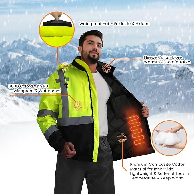 TCCFCCT Reflective Jacket, Waterproof Hi Vis Jackets for Men Security, Class 3 High Visibility Safety Jacket for Men Work, Warm Winter Bomber Work Coat for Construction with Black Bottom, J-Yellow XXL