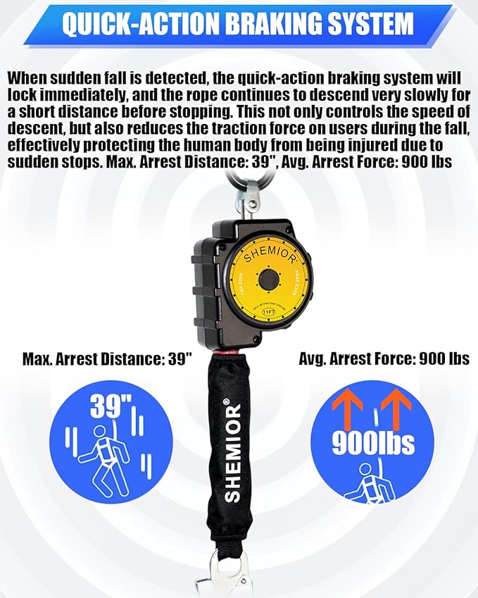 11FT Self Retracting Lifeline, Swivel Top Self Retractable Safety Lanyard, Web SRL Fall Arrest Protection Gear, ANSI Lightweight Housing, Snap Hook