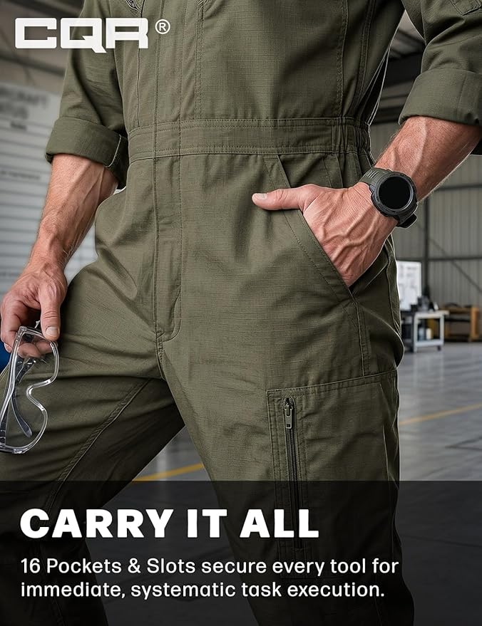 CQR Men's Tactical Ripstop Zip-Front Coverall, Lightweight Durable Utility Work Jumpsuit for Mechanics and Technicians