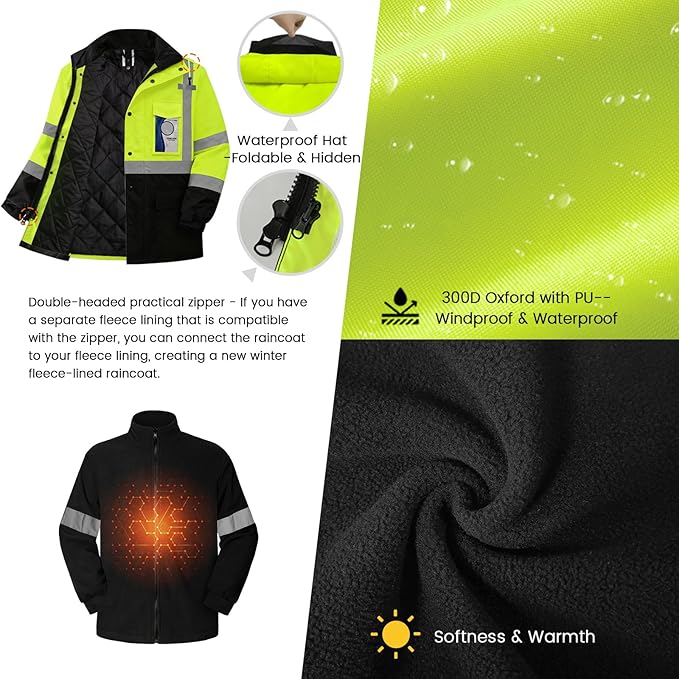 TCCFCCT 3-in-1 Hi Vis Winter Bomber Jackets for Men with Zippered Detachable Fleece Liner, Waterproof Reflective Safety Construction Coats for Cold Weather, High Vis Rain Gear, 3-in-1-Yellow 4XL