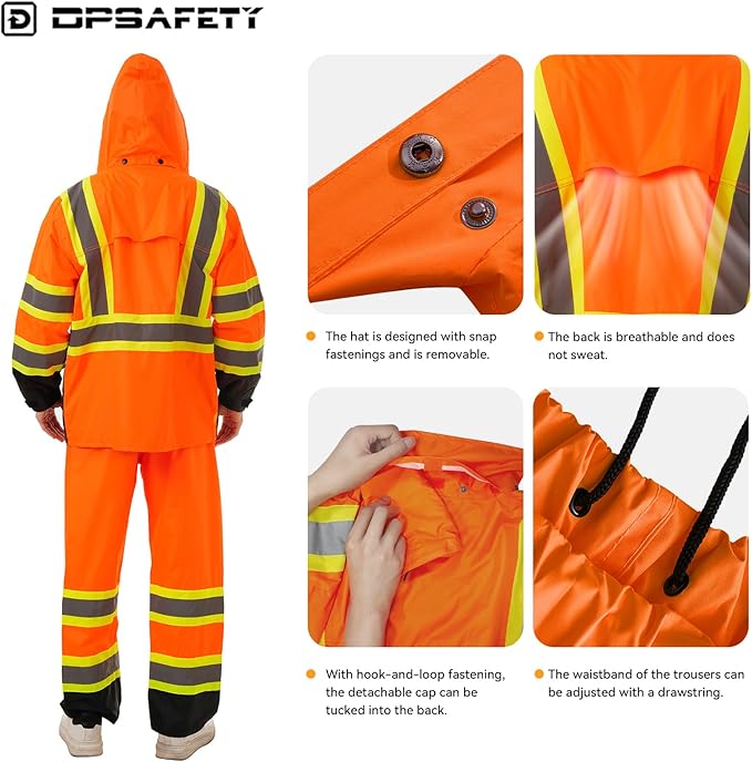 Hi Vis Safety rain Jacket，Reflective Class 3 Rain coat with Inner Mesh Lining and Pockets High Visibility Waterproof work Rain Suits for men&women（Orange,LG/XL）