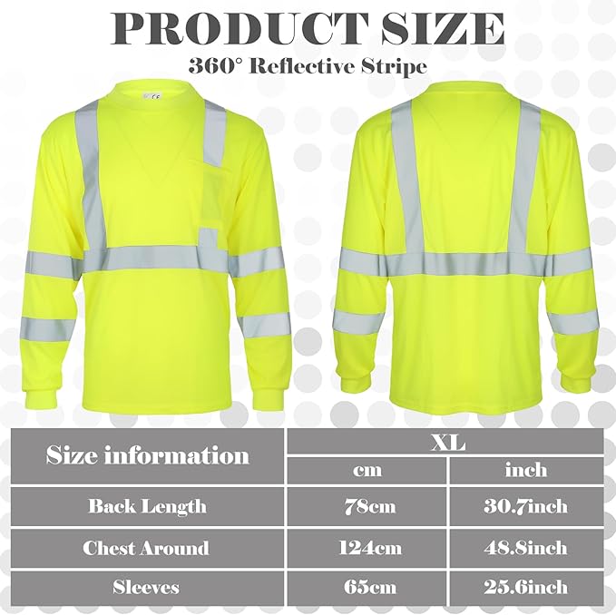 Amylove 4 Pcs Long Sleeve Safety Shirt High Visibility Reflective Construction Work Shirts for Men Women(XL,Yellow)